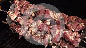 Fragrant shish kebab Shashlik is roasted on skewers on the gas grill