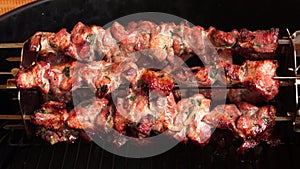 Fragrant shish kebab Shashlik is roasted on skewers on the gas grill