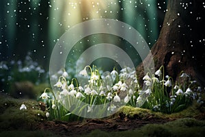 Fragrant Snowdrops forest violet blossom. Generate Ai