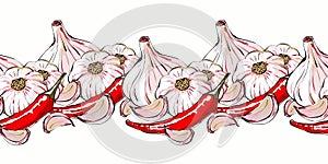 Fragrant spices. Hand drawn illustration of seamless border with garlic, chili pepper, ginger and aromatic herbs. Design