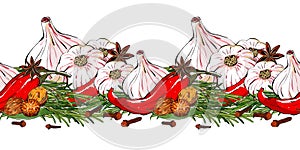 Fragrant spices. Hand drawn illustration of seamless border with garlic, chili pepper, ginger and aromatic herbs. Design