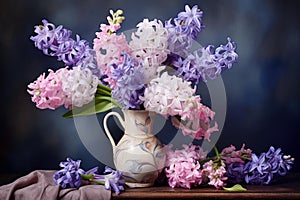 Fragrant Spring hyacinths floral plant vase. Generate Ai