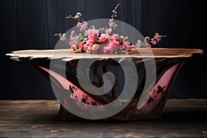 Fragrant Spring wooden table tree blossom. Generate Ai