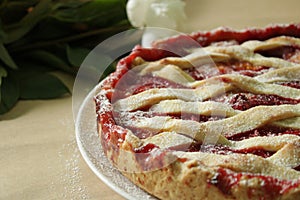 Fragrant strawberries and apricots pie.