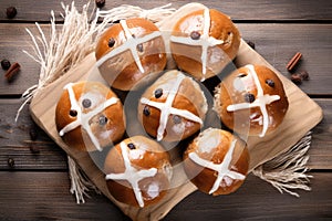 fragrant traditional Easter hot cross buns on wooden table, top view
