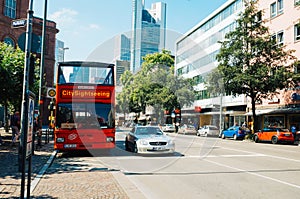 Frakfurt`s sightseeing bus in station