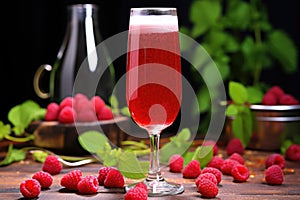 framboise lambic beer in a flute glass, with raspberries around photo