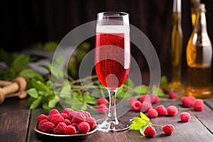 framboise lambic beer in a flute glass, with raspberries around photo