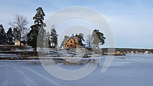 Framby Udde point at Frozen Runn lake near Falun in Sweden