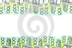 Frame of 100 dollar Australian notes group on white background have copy space