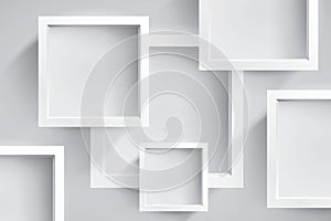 White empty squares and frames, abstract composition. Vector design background