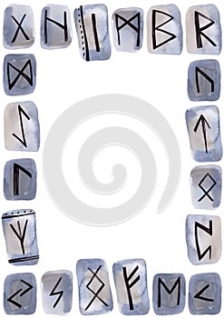 Frame A3 from Scandinavian runes carved on stone. Divination set. Group of watercolor elements on a white background. Clipart.