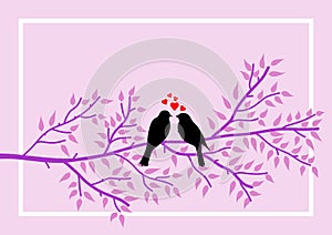 Frame allusive to the theme of Valentine`s Day with the symbolism of two birds on tree branch. Illustration.