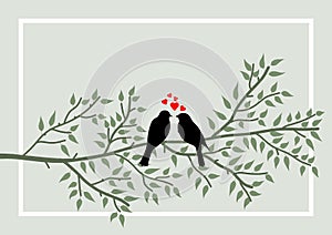 Frame allusive to the theme of Valentine`s Day with the symbolism of two birds on tree branch. Illustration.