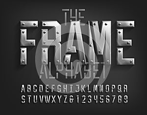 Frame alphabet font. Beveled metal letters and numbers with screws.