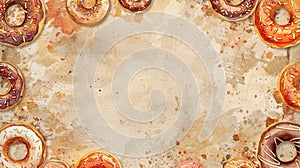 A frame of assorted donuts on a textured background, leaving space for text or design. Perfect for food blogs, bakery promotions, photo