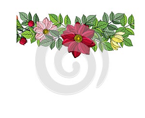 Frame of autumn flowers and leaves: dahlia, zinnia. Hand drawn vector illustration
