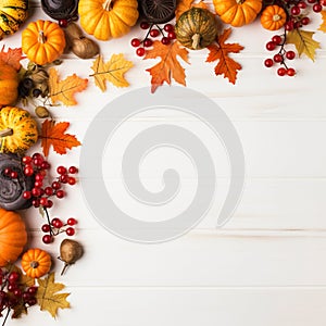 Frame of autumn leaves and decorative pumpkins.Generative AI.