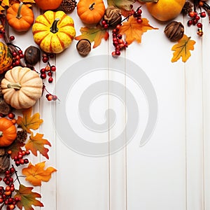 Frame of autumn leaves and decorative pumpkins.Generative AI.