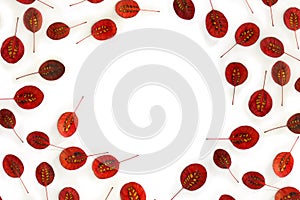 Frame of autumnal red leaves with natural pattern of yellow spots on a white background with space for text. Top view, flat lay