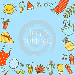 Frame background with cute summer items on blue - cartoon objects for happy beach design