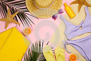 Frame of beach objects on  background, flat lay. Space for text