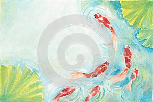 Frame of beautiful  brilliantly colored Koi Carp fish in a pond. Watercolor hand painting