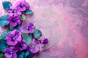 Frame of beautiful purple pansy flowers
