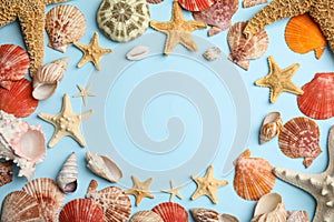 Frame of beautiful sea stars and shells on light blue background, flat lay. Space for text