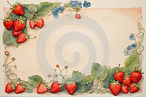 Frame of berries and strawberries leaves made in watercolor with copy space in center.