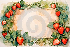 Frame of berries and strawberries leaves made in watercolor with copy space in center.