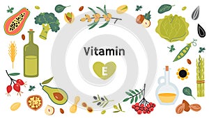 Frame with Best sources of vitamin E foods, cartoon style. Fruits, vegetables, nuts, berries and oil. Isolated vector