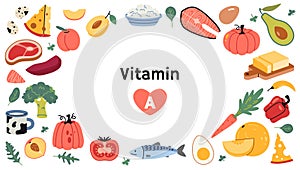 Frame with Best sources of vitamin A foods, cartoon style. Fruits, vegetables, fish, meat, dairy products and eggs set