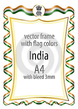 Frame and border with the coat of arms and ribbon with the colors of the India flag