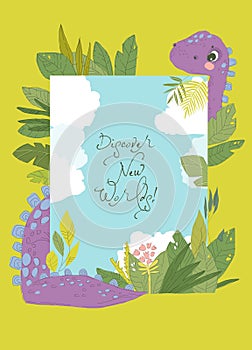 Frame Border of Cute Dinosaur for Kids Party Invitation Card