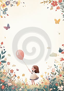 Frame Border A girl is holding a red balloon in a field of flowers.