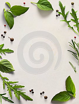 A frame border italian cooking background old parchment with fresh mediterranean herbs leaves Basil rosemary arugula