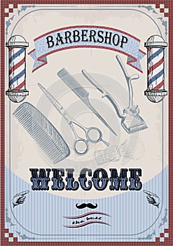 Frame border scissors clippers shears brush swab razor hairclipper blade barber vintage retro barbershop. Vector vertical closeup