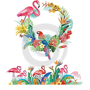 Frame and border from tropical flowers and Flamingoes