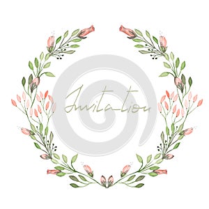 Frame border, wreath of tender pink flowers and branches with green leaves painted in watercolor on a white background