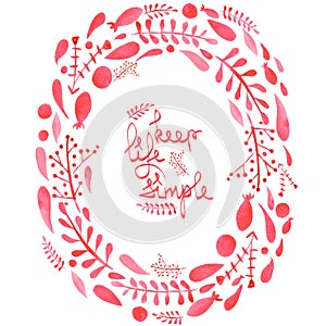 Frame border, wreath with watercolor red abstract leaves and branches