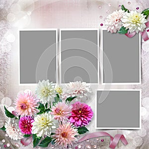 Frame with a bouquet of dahlias in the tender vintage background