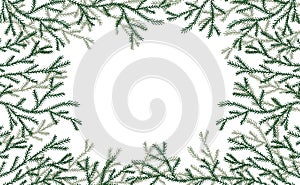 Frame, branches of spruce tree in hand drawn style on white background. Vector illustration