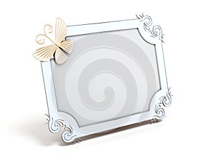 Frame with butterfly for photos on white background. 3d