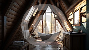 A frame Cabin dreamy bathroom with marble bathtub wooden floor. Generative AI