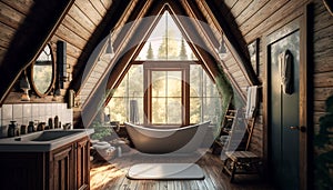A frame Cabin dreamy bathroom with marble bathtub wooden floor. Generative AI