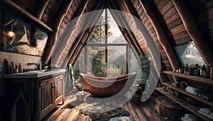 A frame Cabin dreamy bathroom with marble bathtub wooden floor. Generative AI