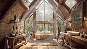 A frame Cabin dreamy bathroom with marble bathtub wooden floor. Generative AI