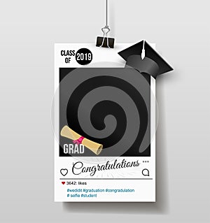 Frame with cap for grads. Graduation party photo booth props. Concept for selfie. Photobooth vector element. Congratulation grad