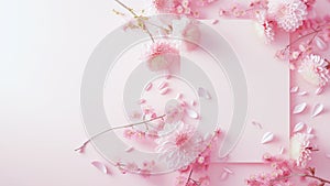Frame of cherry blossoms, petals and pink chrysanthemums on a pastel pink background. Flower composition. Flat lay,